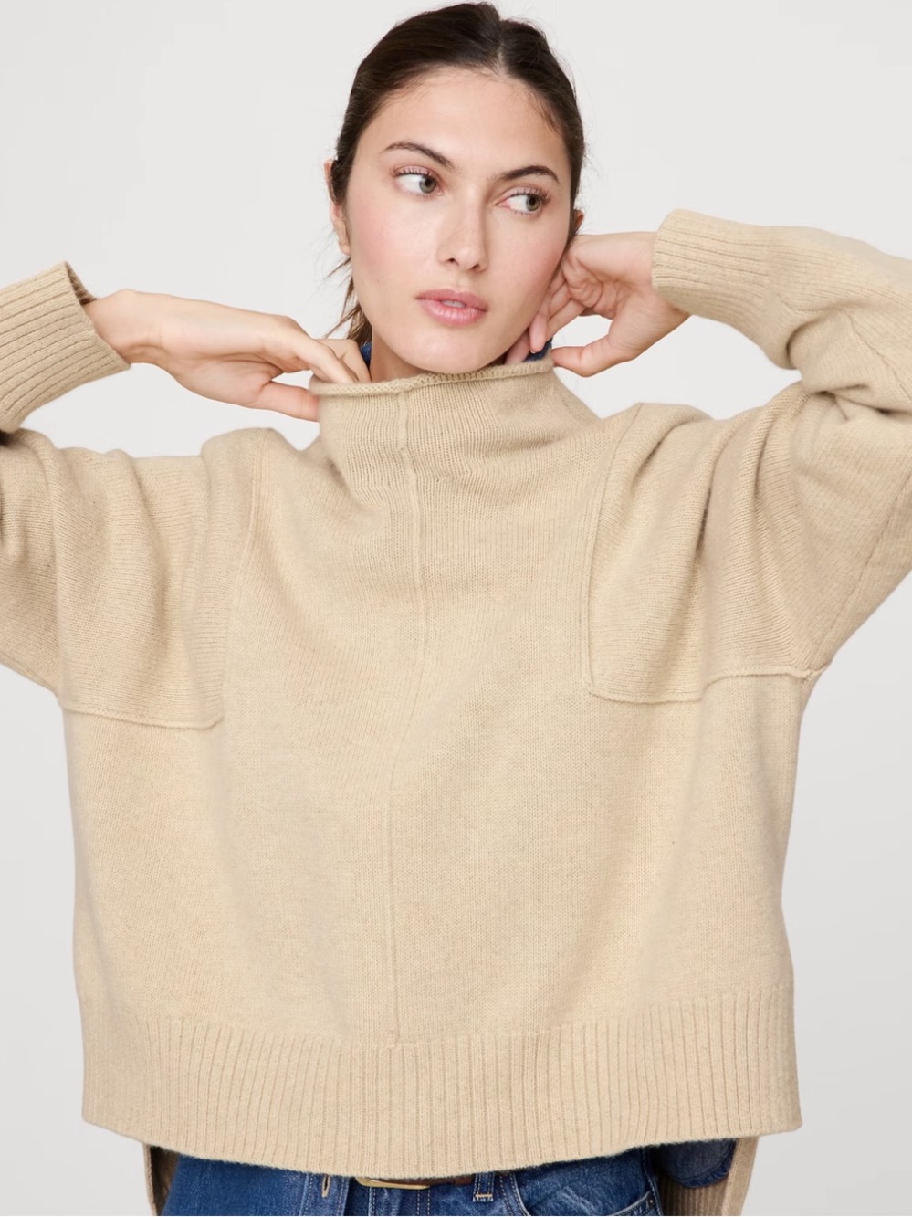 Banana Republic Beige Wool Cotton Blend High Low Mock Neck Oversized Sweater S